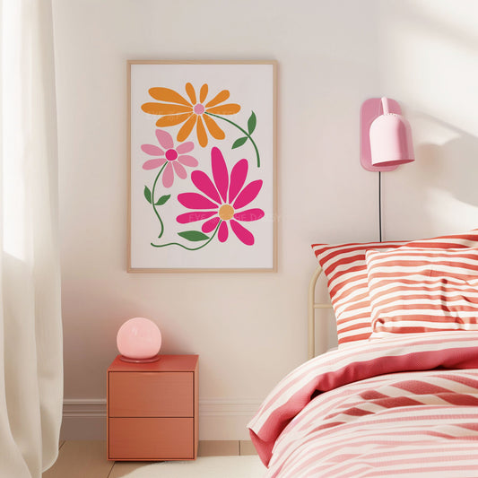 Hot pink orange abstract flower printable wall art for college dorm or teen bedroom, digital download print at home