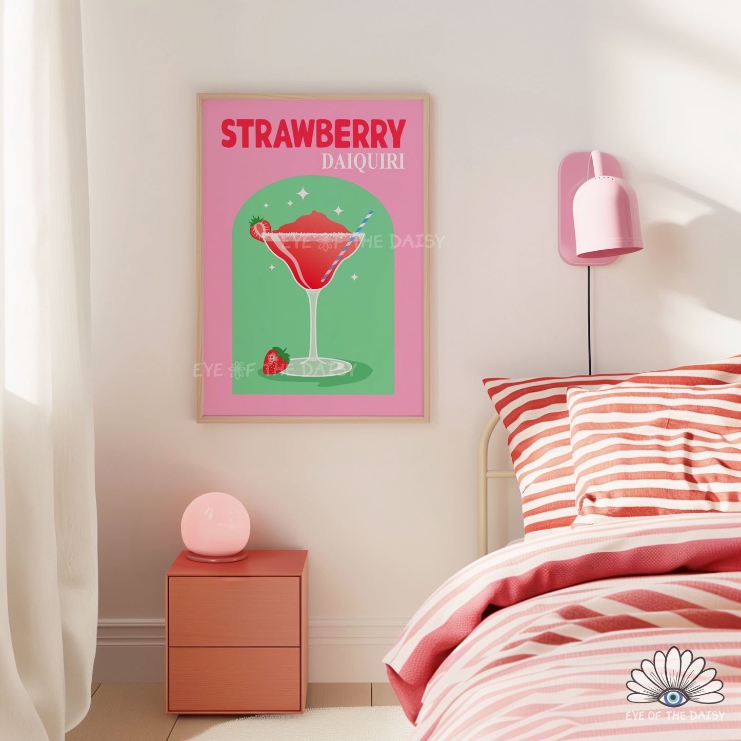 pink Strawberry Daiquiri cocktail illustration printable cute drink art for dorm room or apartment decor