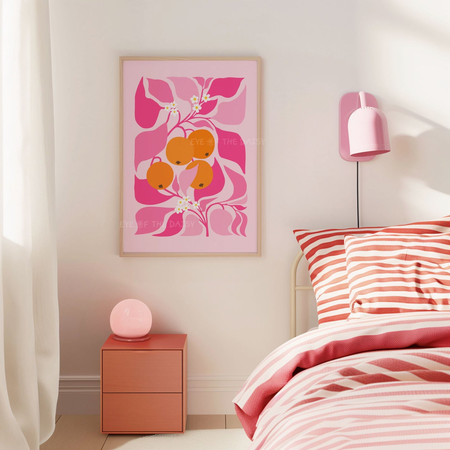 Modern orange tree digital print in vibrant pink and orange – playful abstract botanical wall decor
