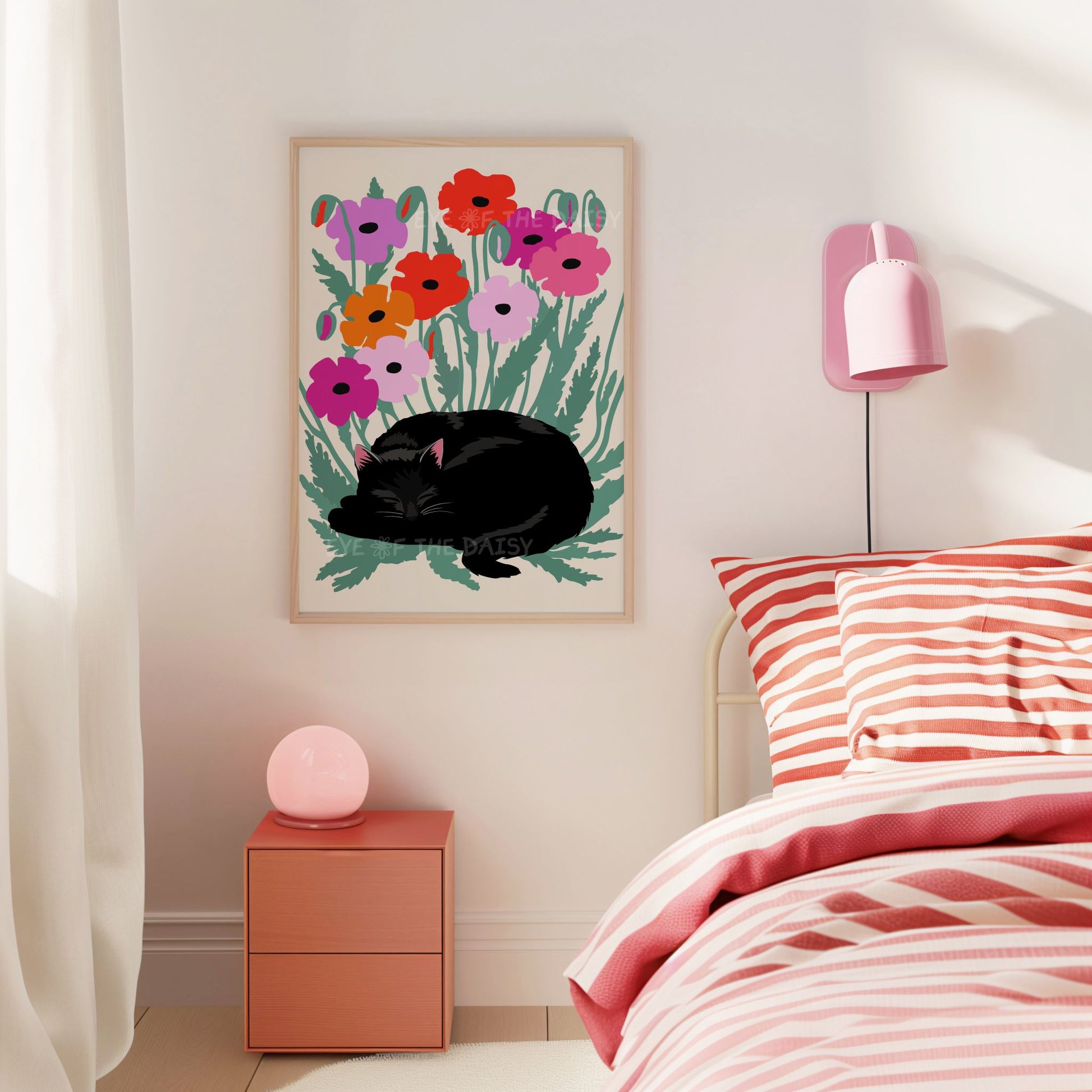 Sleeping cat with poppies printable wall art, quirky living room decor, instant download digital art print for trendy dorm room