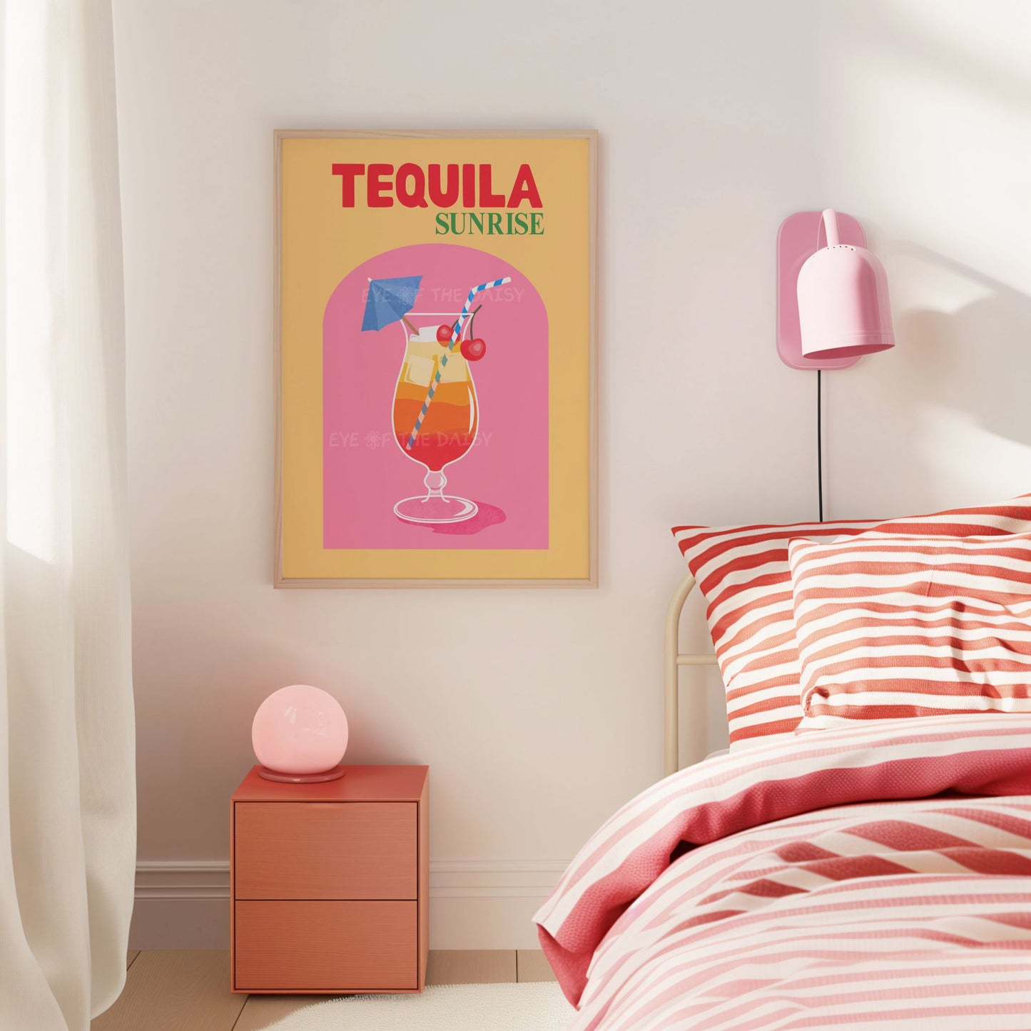 Tequila cocktail printable poster in vibrant tones, bold drink wall art perfect for dorm gallery wall or student room DIY decor