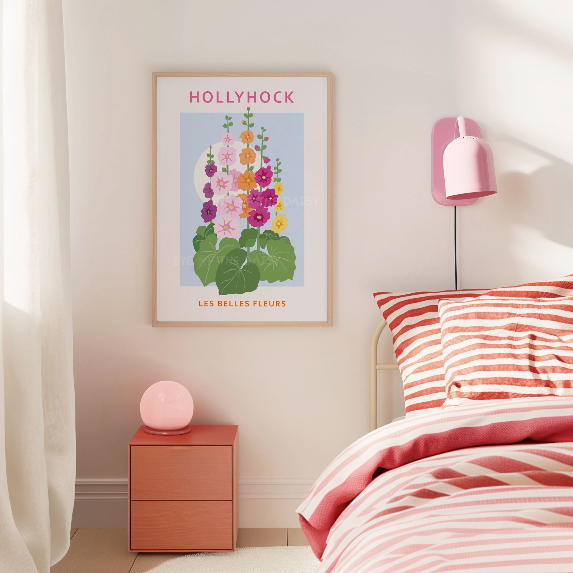 Art print of abstract Hollyhock flowers – modern colorful botanical printable wall art for trendy Scandi bedroom decor