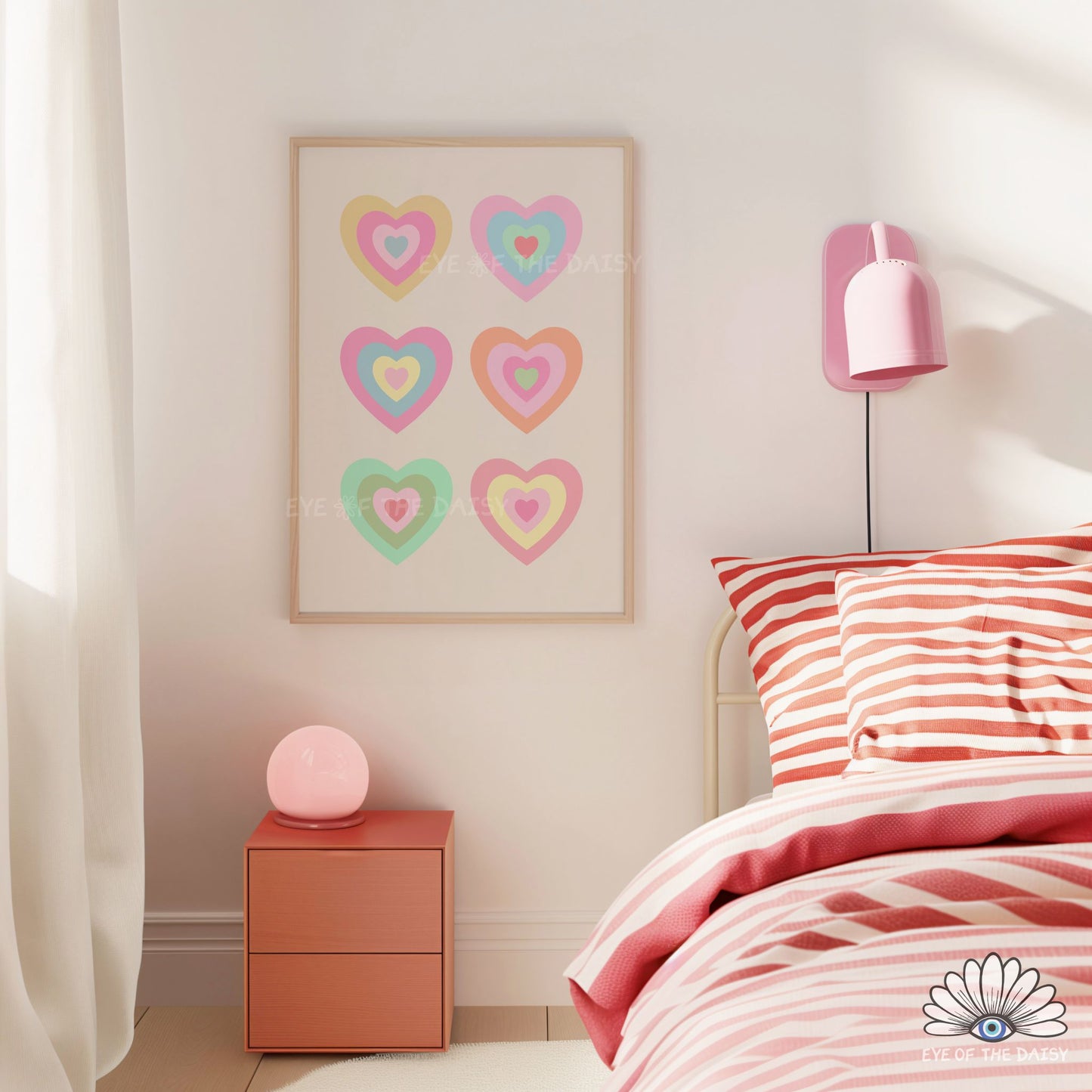 Cute retro hearts printable wall art, colorful, modern and trendy poster for bedrooms or living spaces