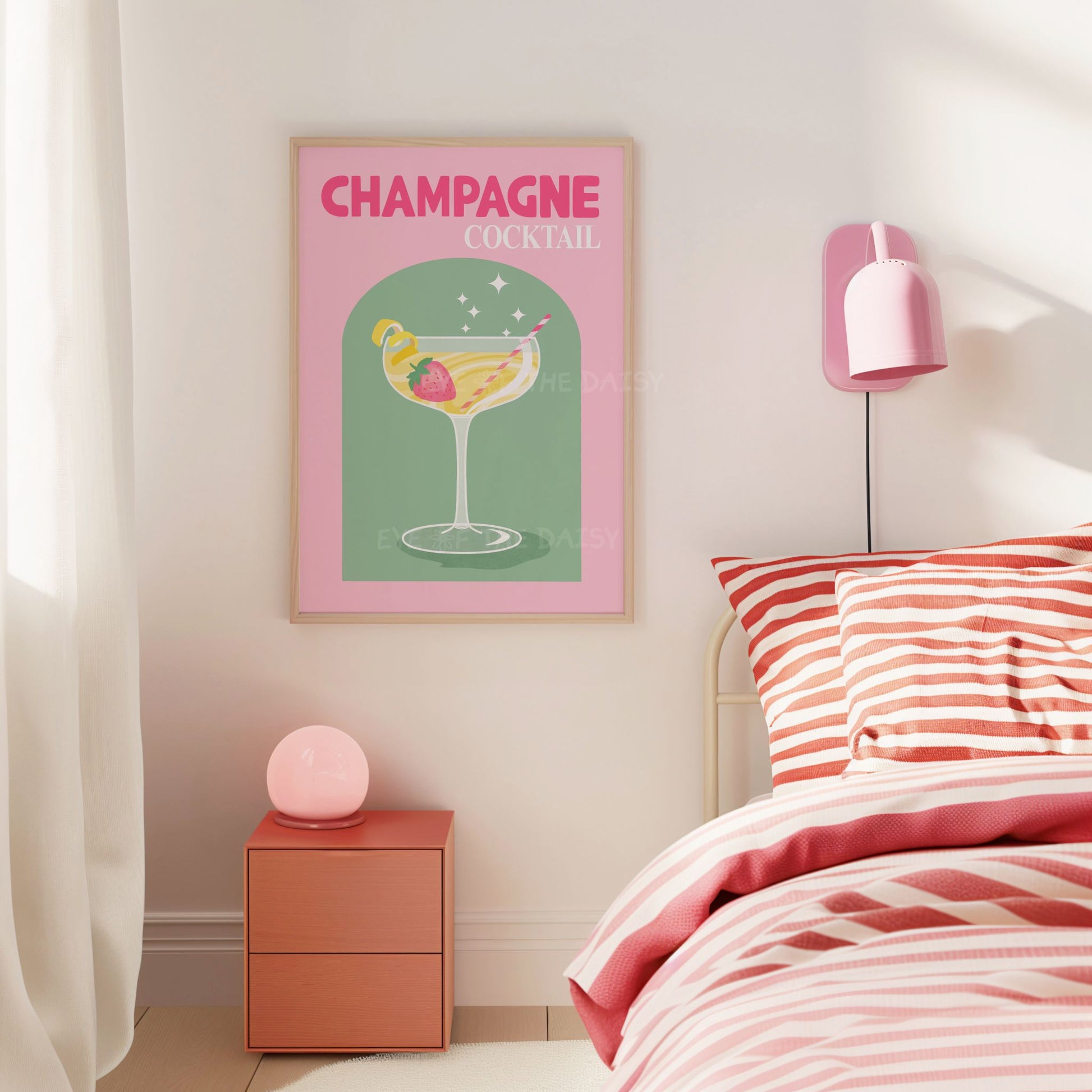 Funky champagne cocktail print – retro pink and green wall art download, trendy DIY printable poster for dorm room gallery wall decor