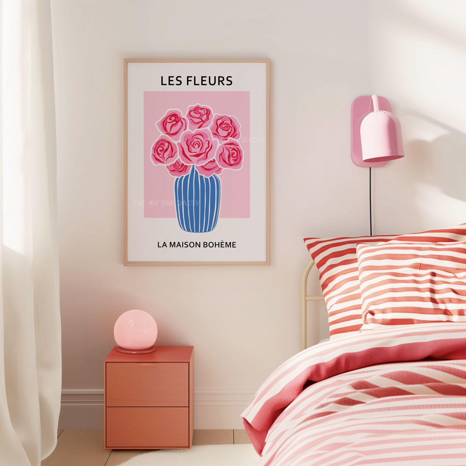 Trendy abstract floral poster printable — pink and red roses in blue vase, ideal colourful digital download for pink dorm room wall decor