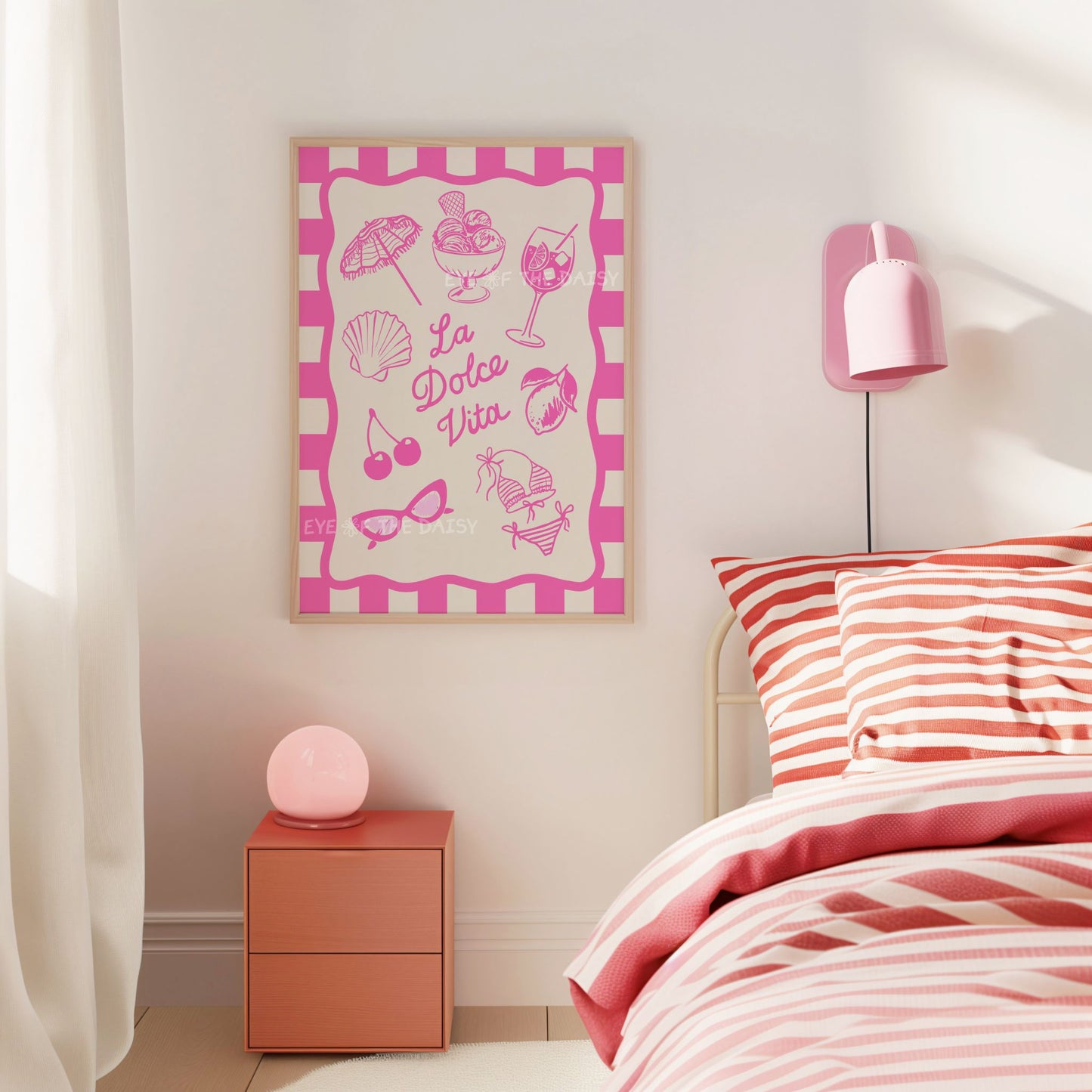 Girly La Dolce Vita wall art print – pink hand-drawn summer sketch, digital download perfect for dorm room or trendy bedroom decor