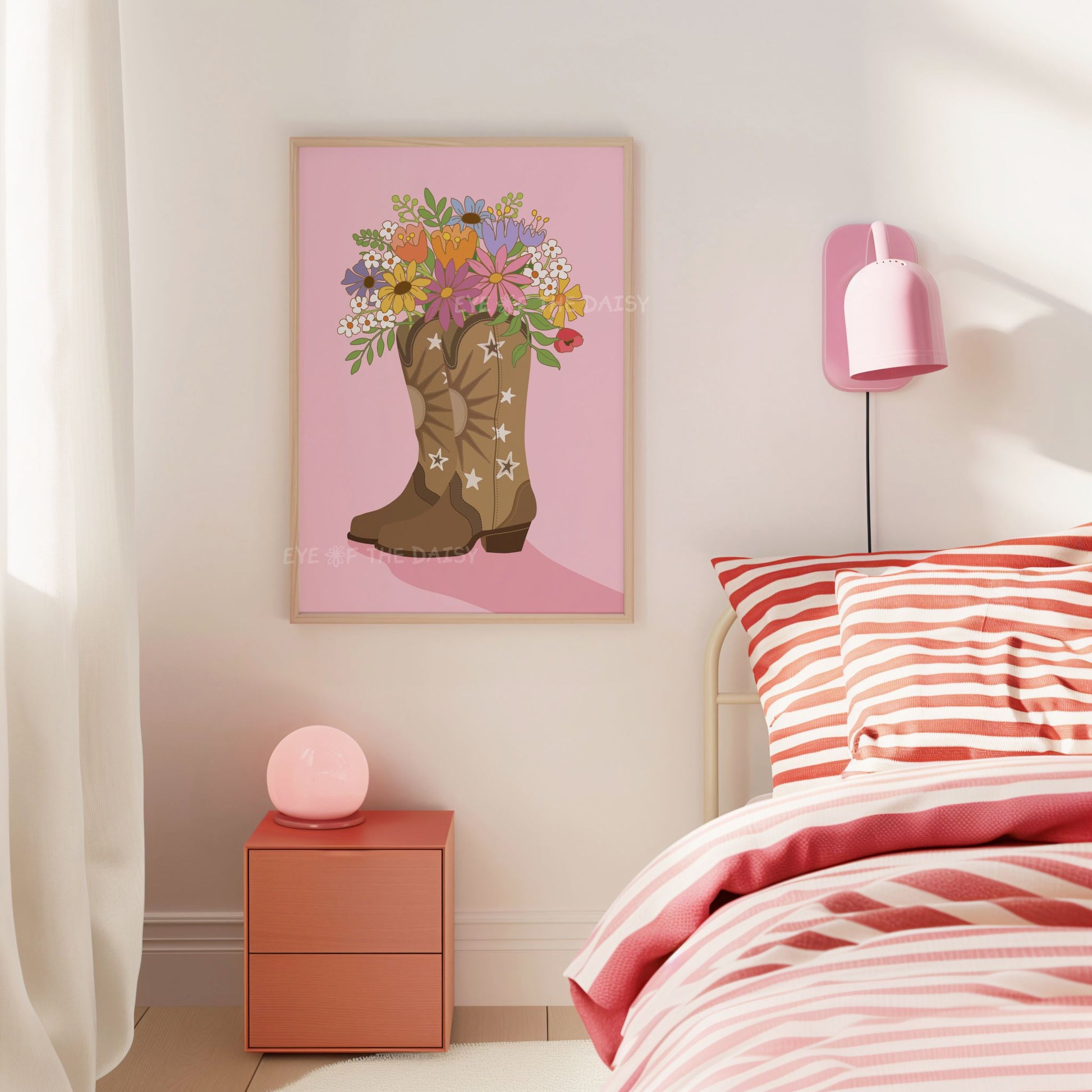 Whimsical cowgirl boot poster in pink tones, digital wall art for retro dorm room, boho college apartment or trendy teen room