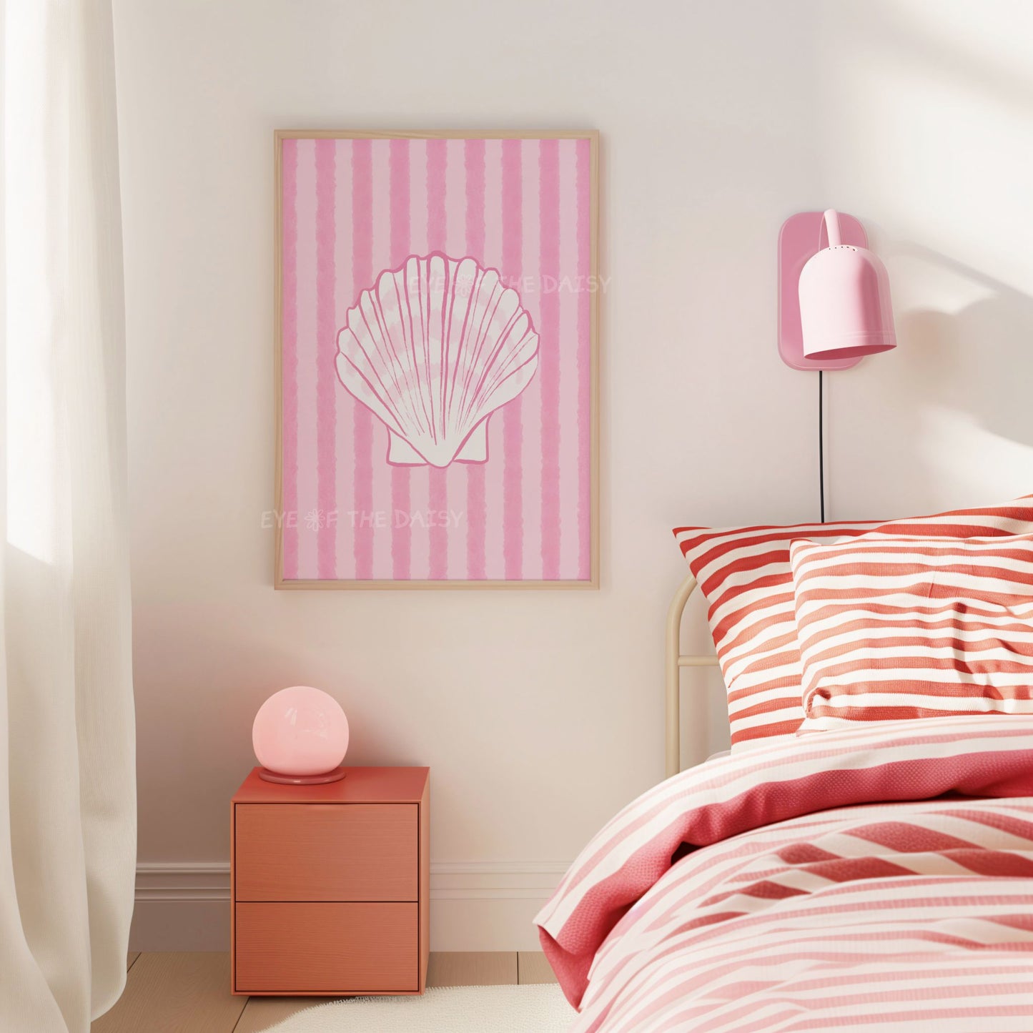 Cute shell printable wall art with hand-drawn white sea shell on pink striped background – pretty girly coastal cowgirl decor