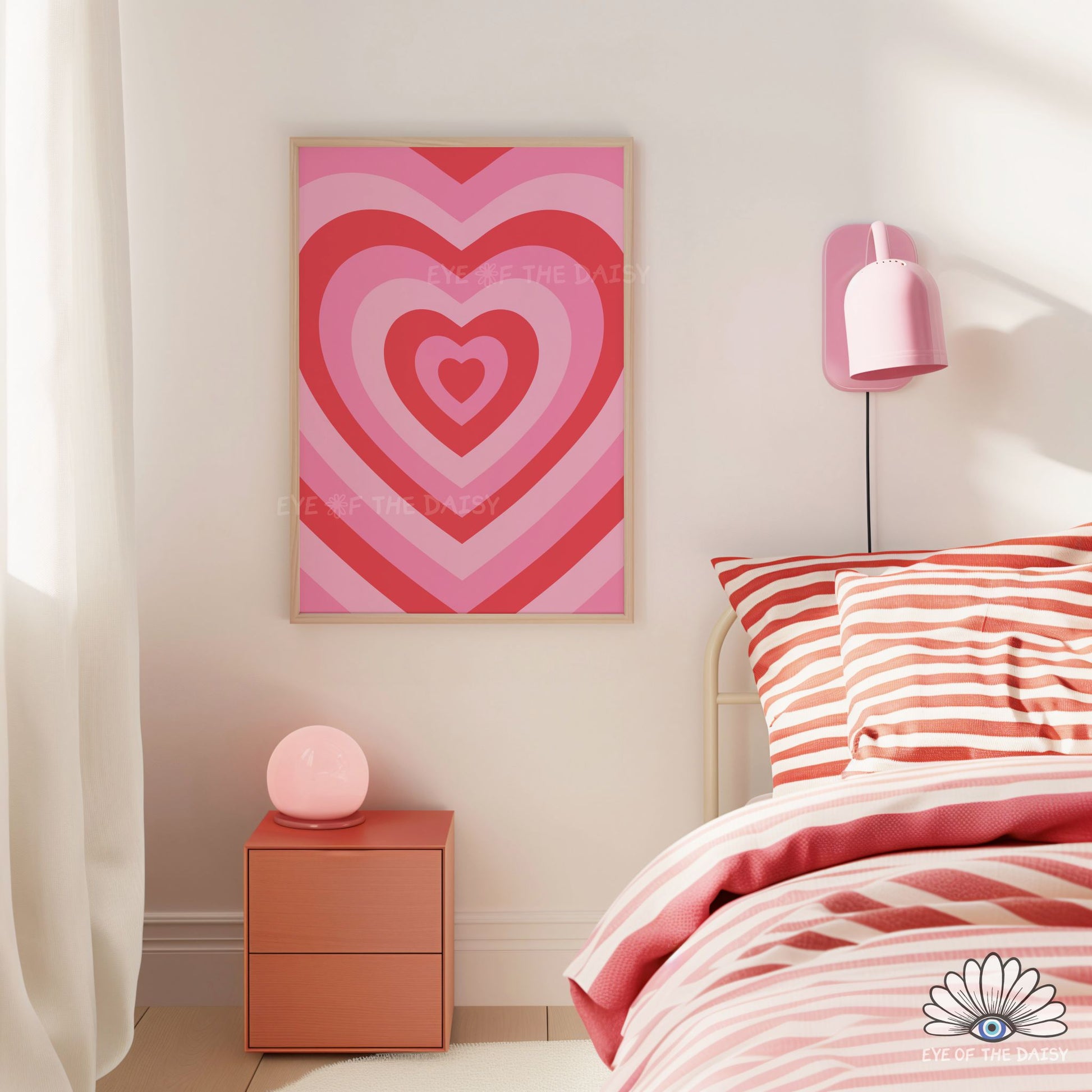Cute retro heart printable wall art in red and pink, modern, trendy and Y2K inspired poster for playful spaces