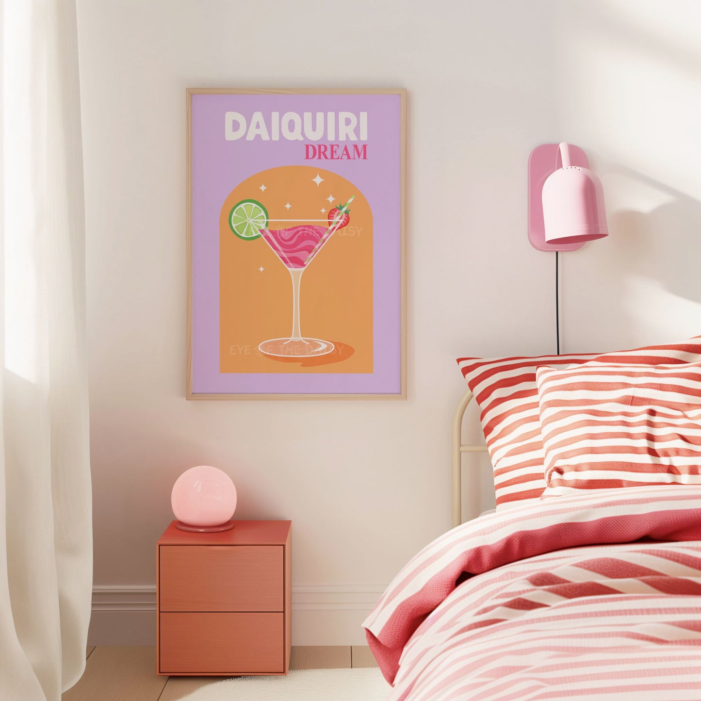 Modern framed art print of a "Daiquiri" cocktail in bright purple and orange, for trendy drink dorm room decor