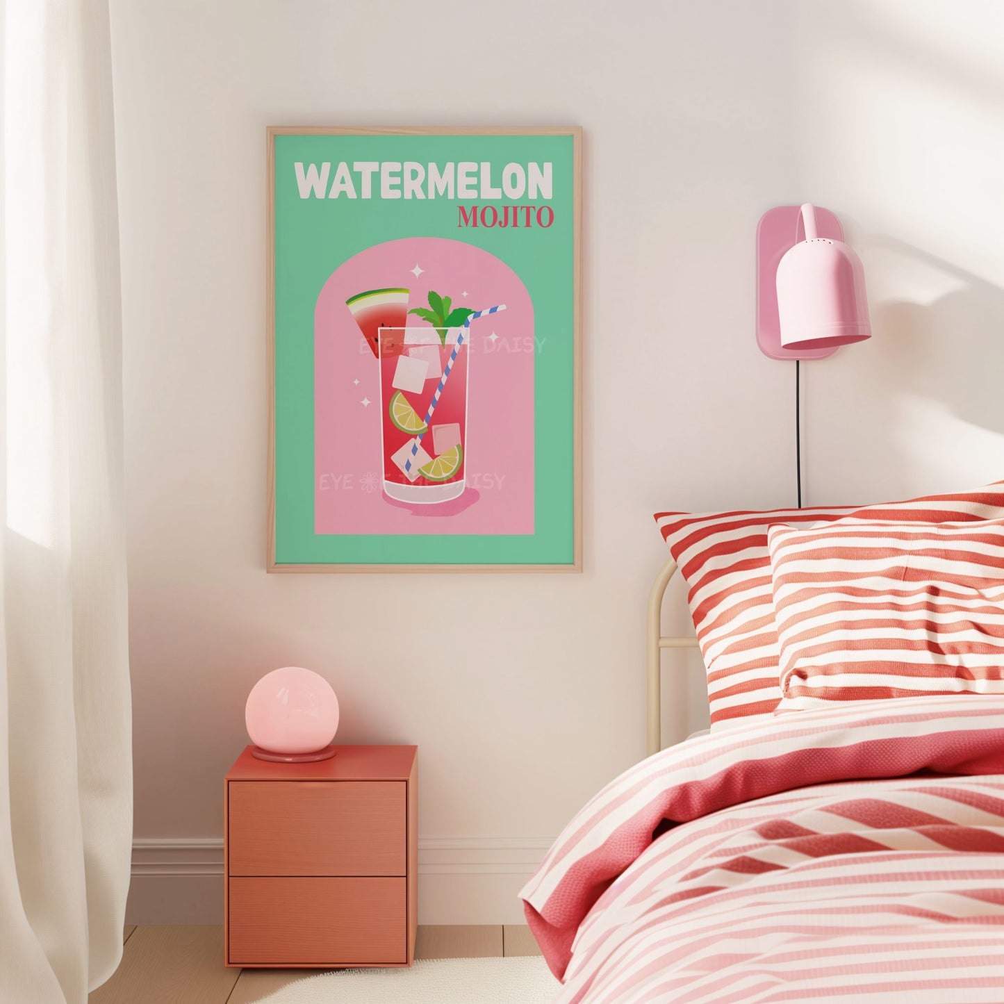 Cute cocktail illustration of Watermelon Mojito, vibrant pink and turquoise drink poster for fun kitchen or bar cart gallery wall