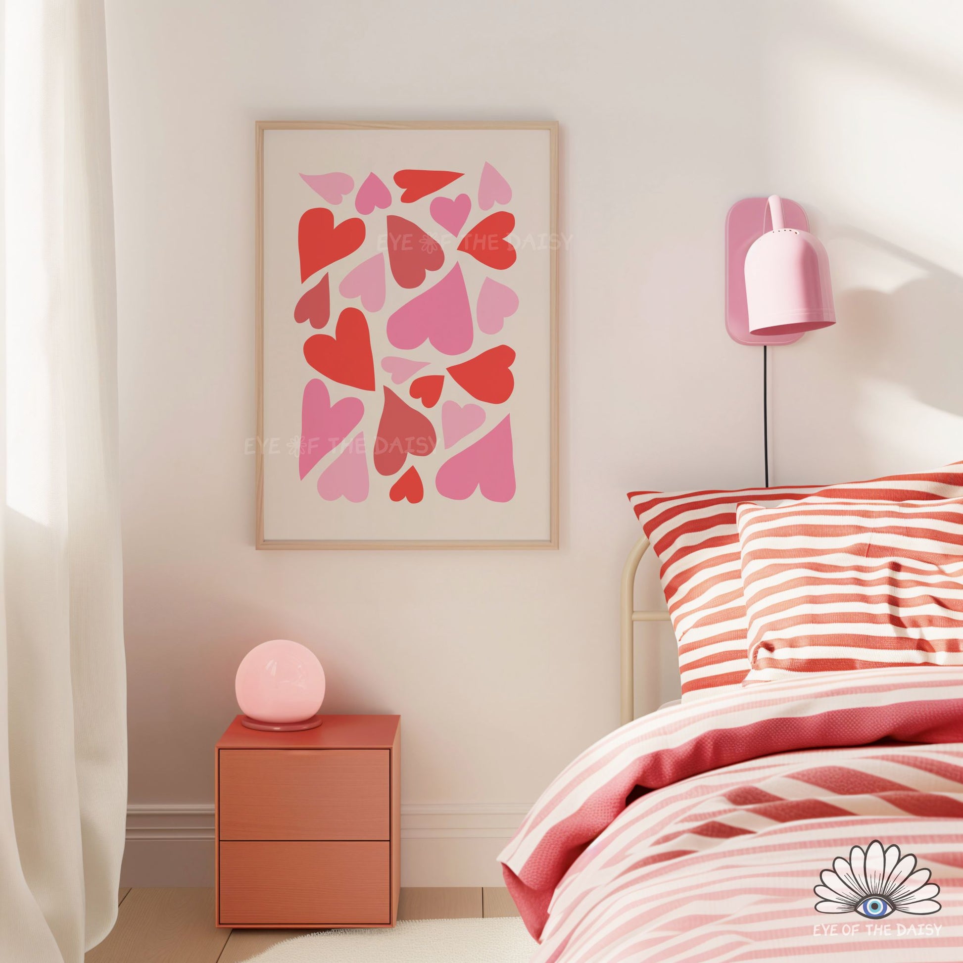 Modern abstract hearts poster download with bold red and pink shapes, romantic wall decor for bedroom or dorm room