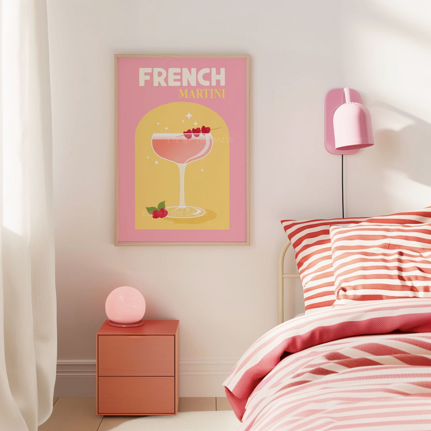 French Martini cocktail poster – colourful retro printable wall art for dorm room or girly bedroom decor