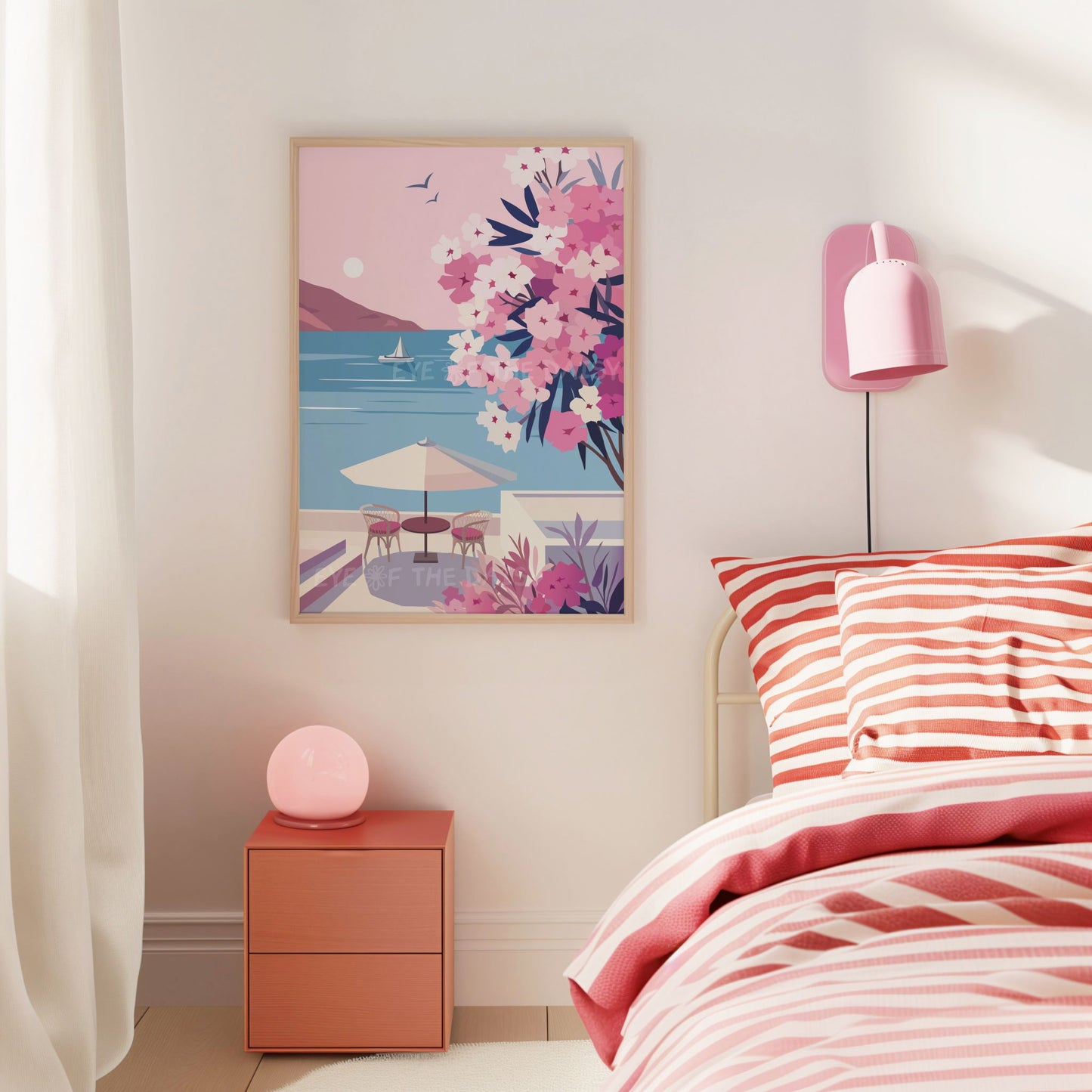 Set of two Paros prints featuring Greek church, blue sea, and flowers, minimalist digital download for modern boho bedroom wall