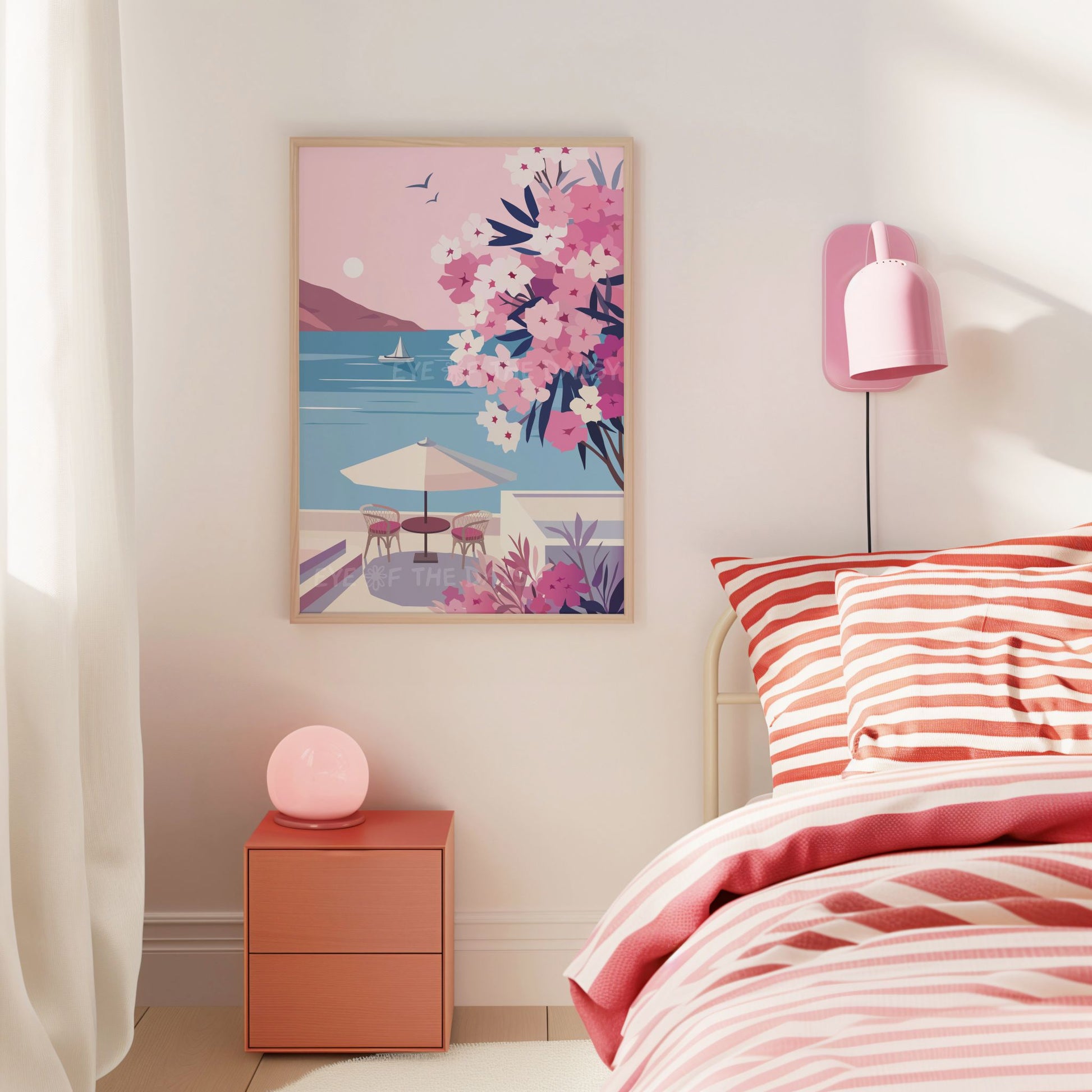 Set of two Paros prints featuring Greek church, blue sea, and flowers, minimalist digital download for modern boho bedroom wall