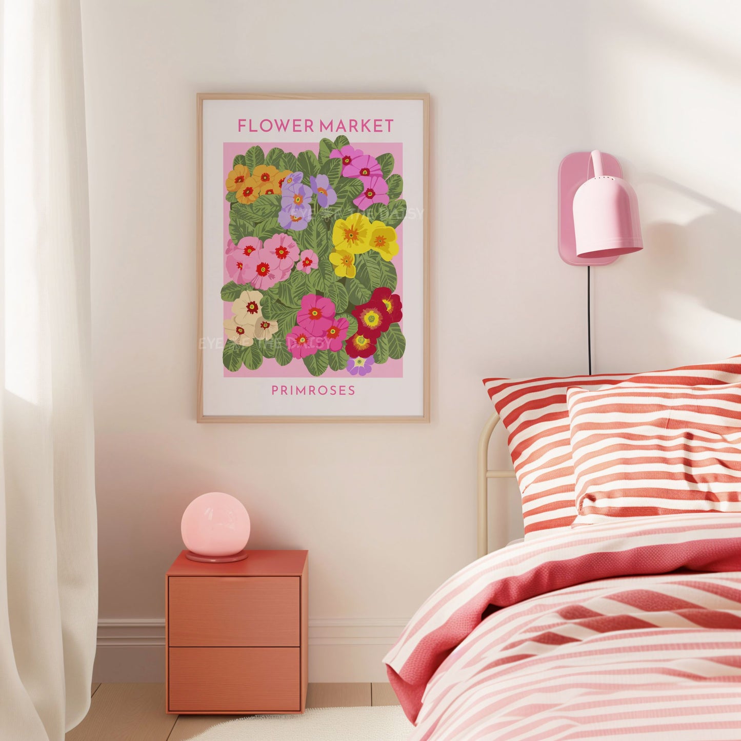 Framed floral art print of abstract primrose flowers – colorful exhibition poster wall art in pink, orange, red, lilac, green