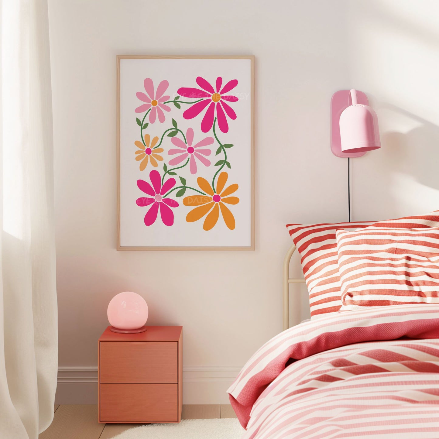 Hot pink and orange abstract floral digital print in a boho bedroom