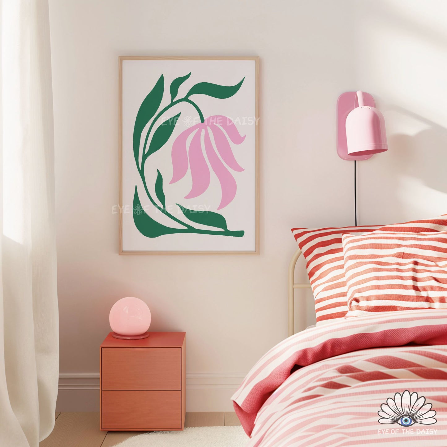 pink and green botanical print digital download, pretty girly wall art for nursery or toddler room decor