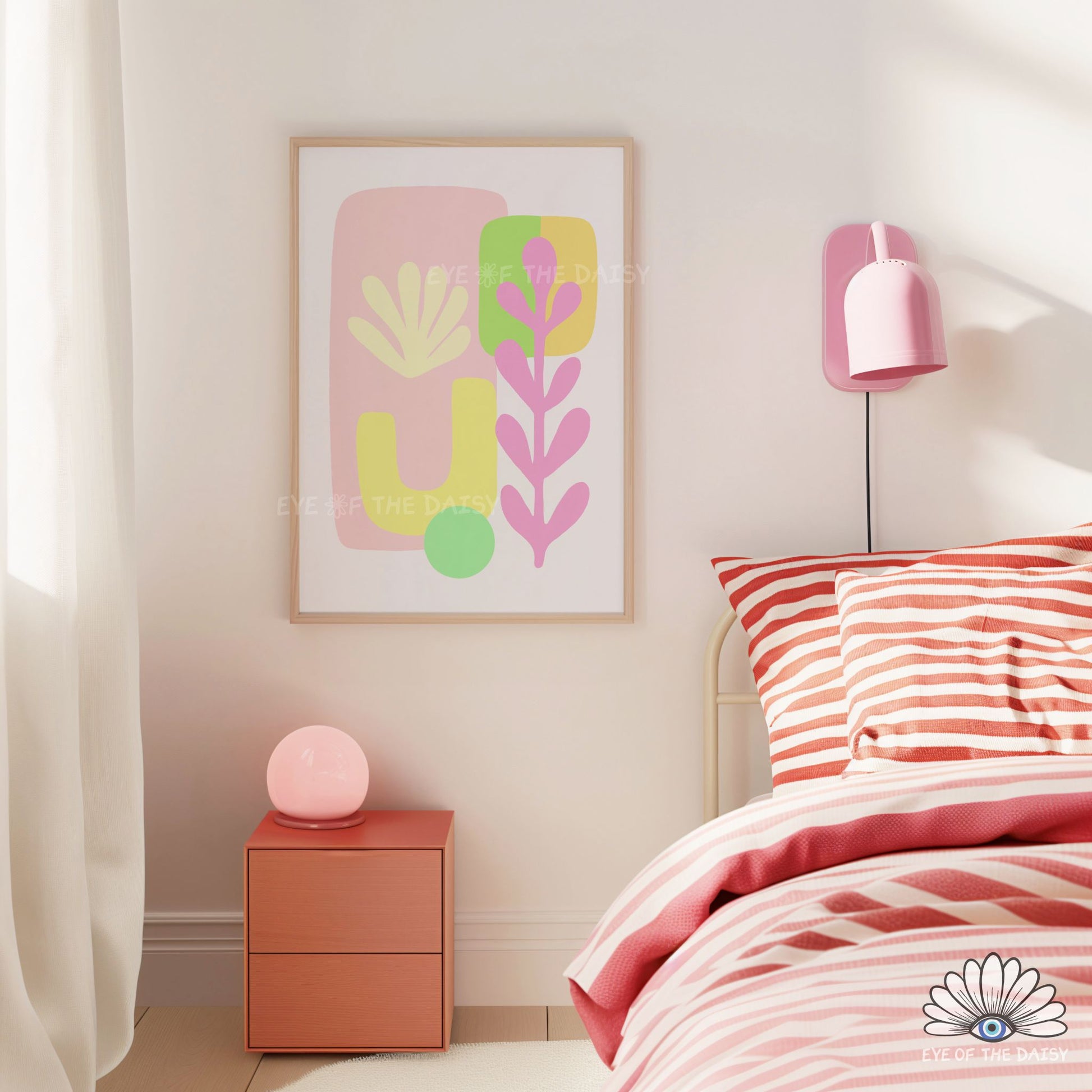 Colorful pastel botanical abstract print download in pink yellow and green, fun contemporary wall art for bedroom decor