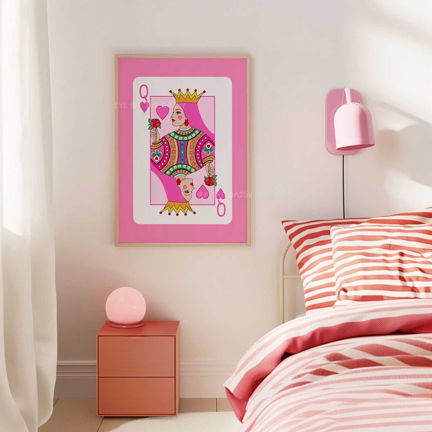 Queen of Hearts girly wall print – bright pink downloadable art, poster printable for trendy dorm room or bedroom styling