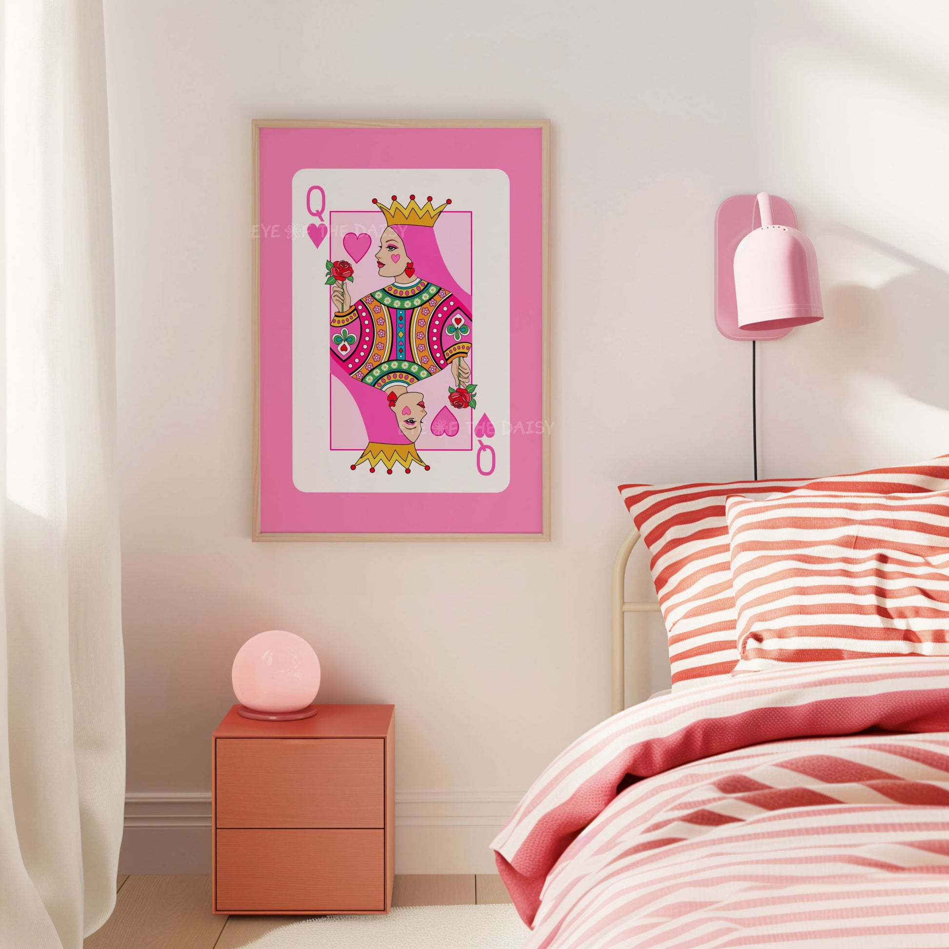Queen of Hearts girly wall print – bright pink downloadable art, poster printable for trendy dorm room or bedroom styling