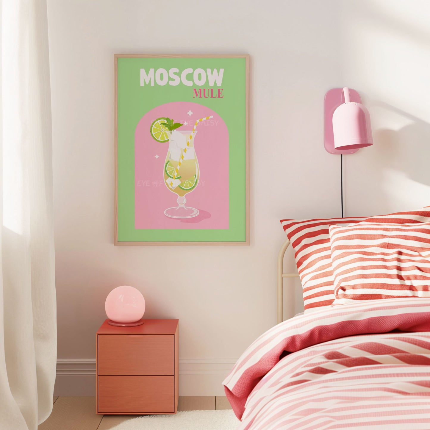 Moscow Mule drink digital art – retro cocktail print in green and pink, perfect for bedroom or dorm room wall decor
