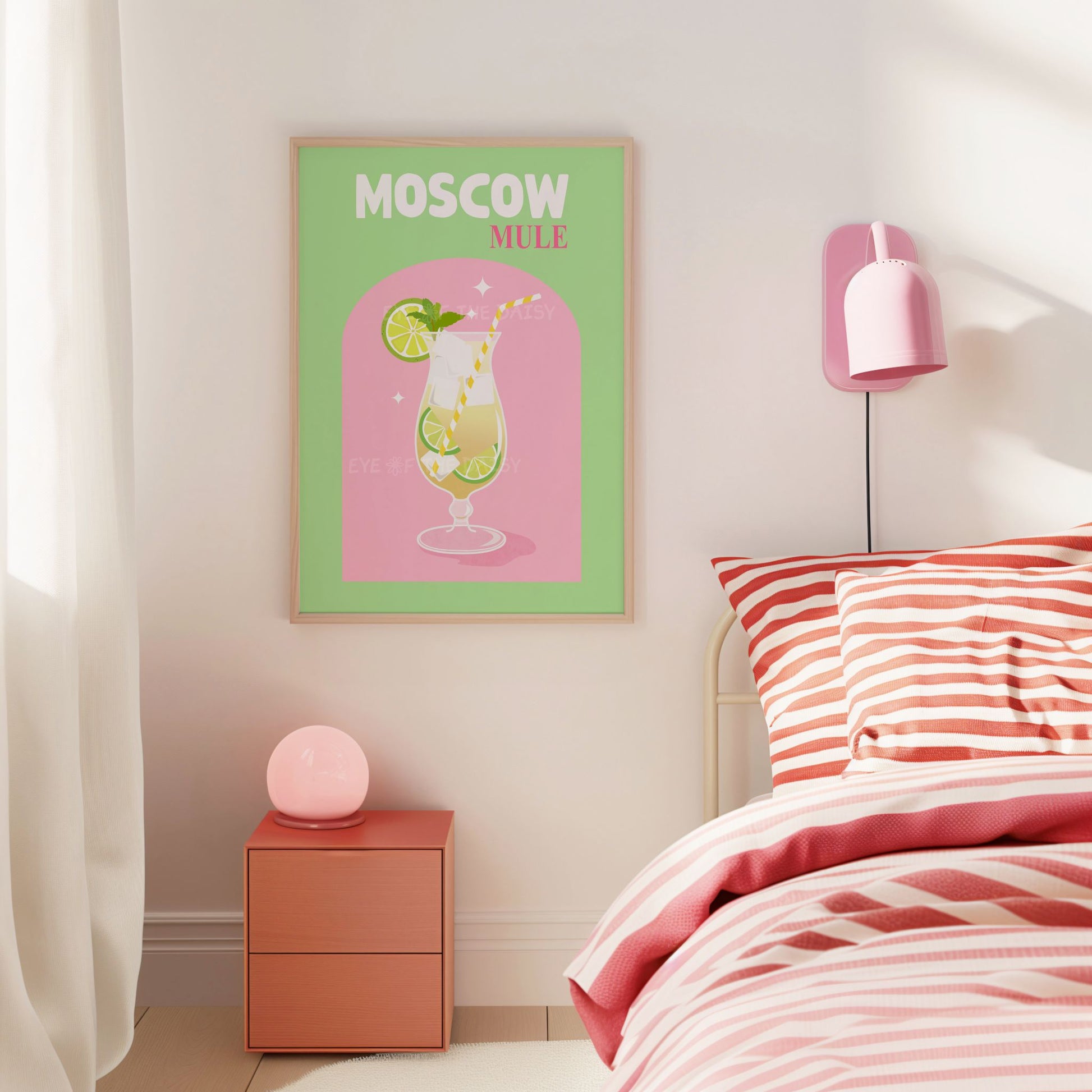 Moscow Mule drink digital art – retro cocktail print in green and pink, perfect for bedroom or dorm room wall decor
