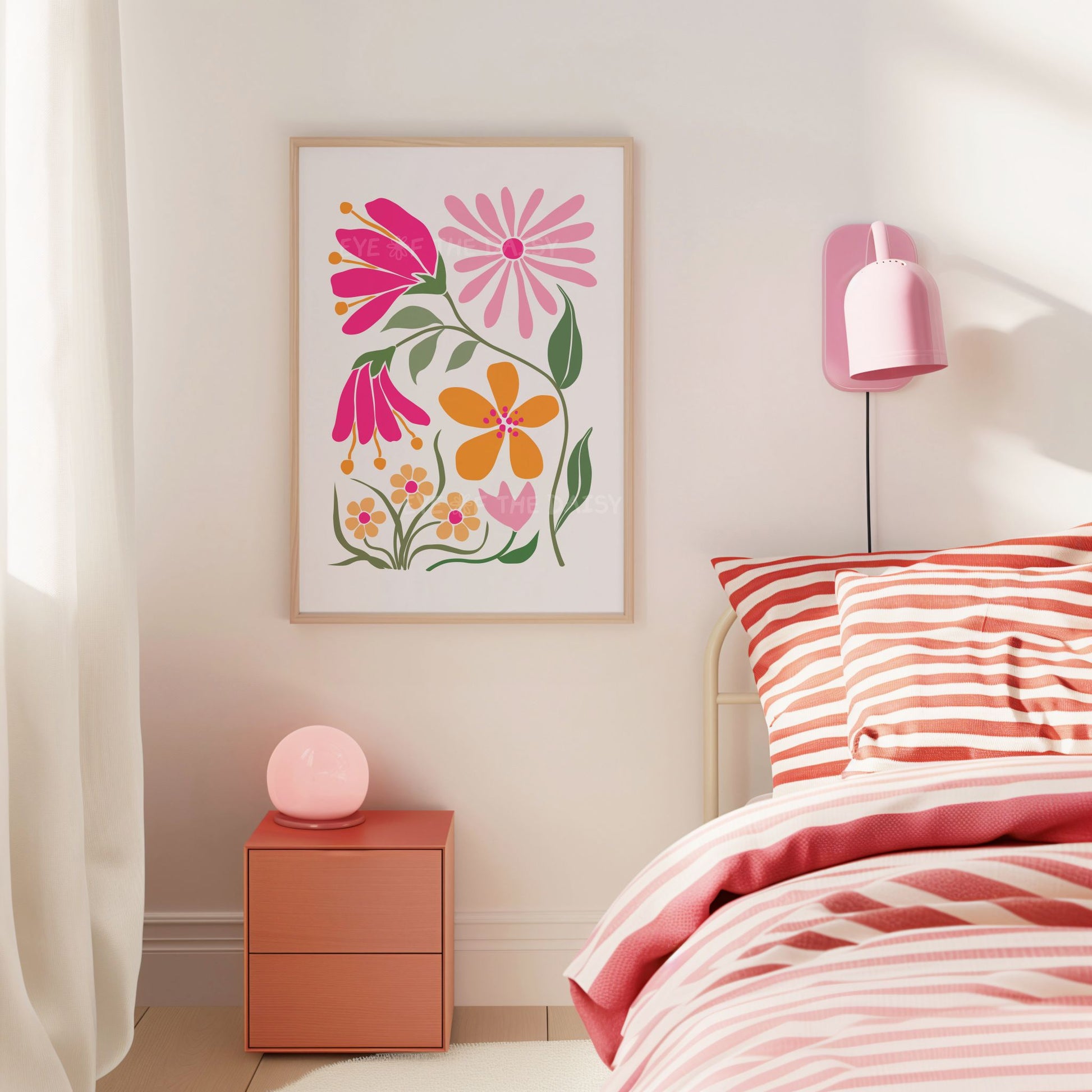 Hot pink and orange abstract botanical print with vibrant stylized intertwining flowers and leaves, in a pink dorm room