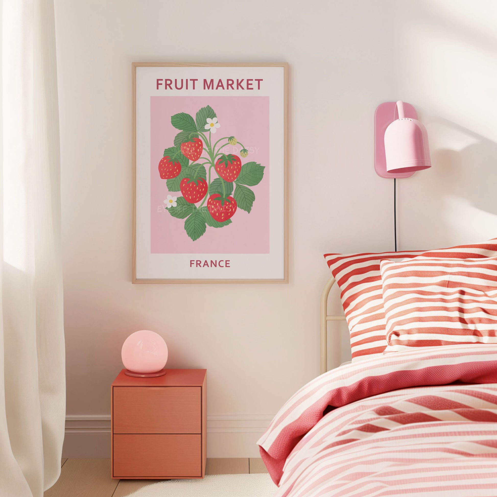 Printable strawberry poster — modern pink fruit art download from France for dopamine decor or trendy boho interiors