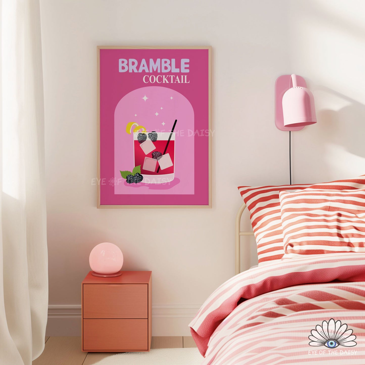 Colorful Bramble Cocktail wall art retro gin drink printable for college room or home bar