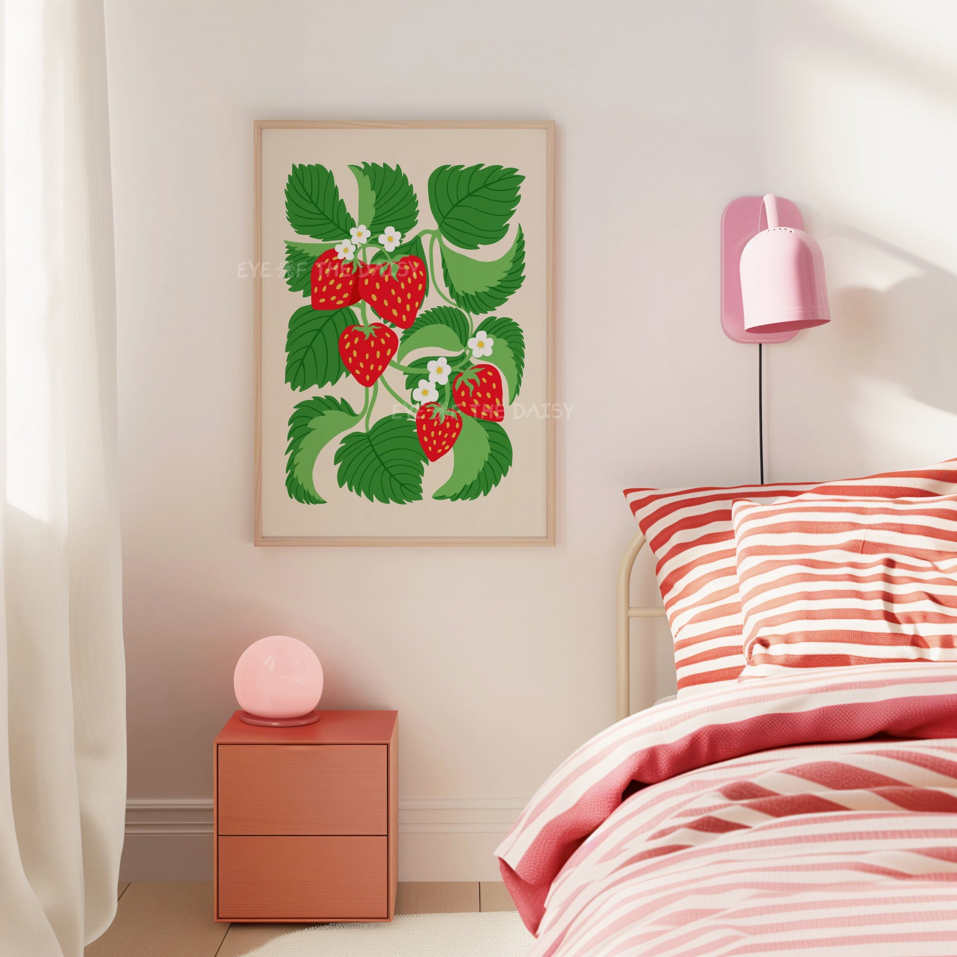 Playful strawberry art print – bold botanical digital download with red and green on beige, perfect for dorm or trendy bedroom wall