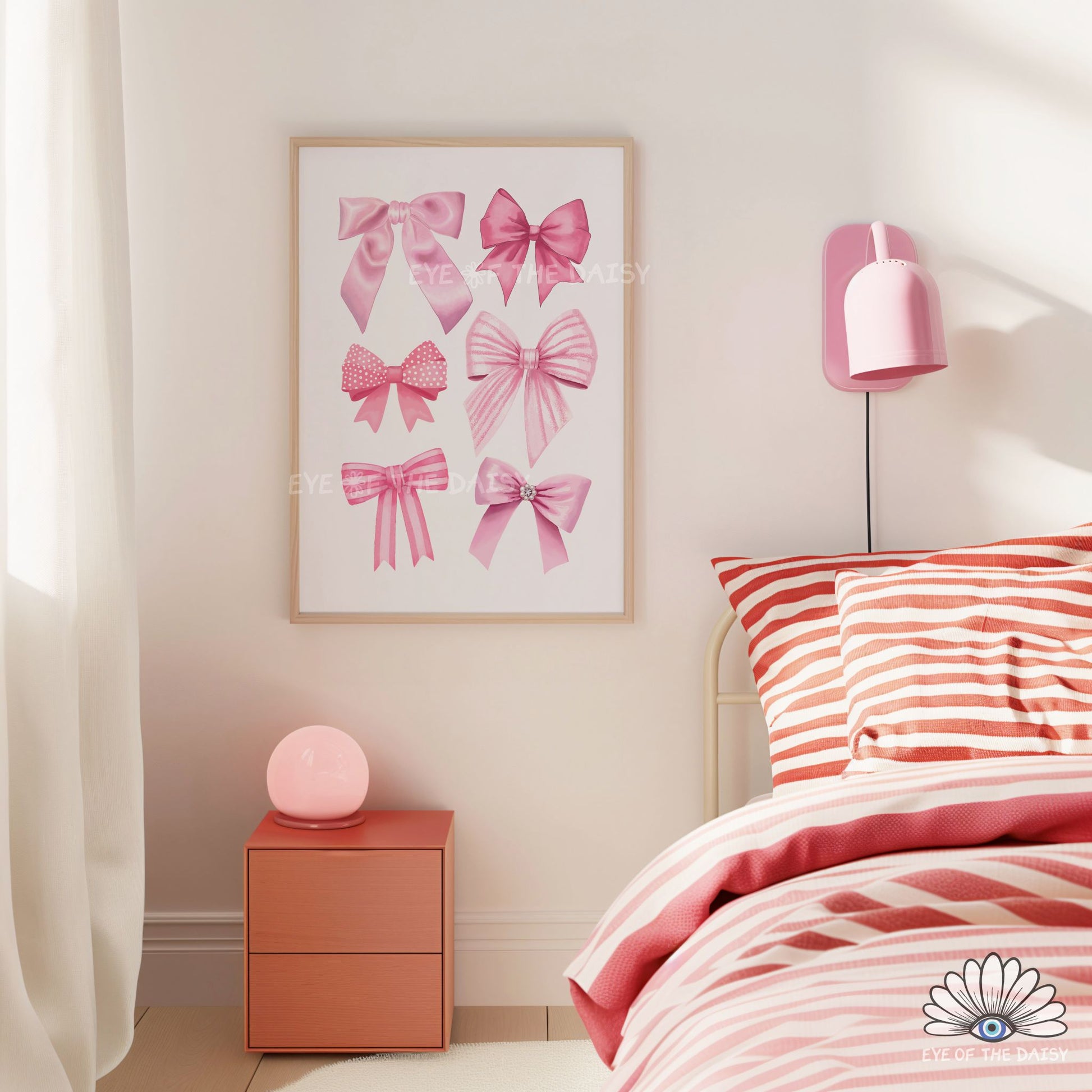 Pastel pink ribbon print, pink bows printable poster for college room decor or girls bedroom wall art