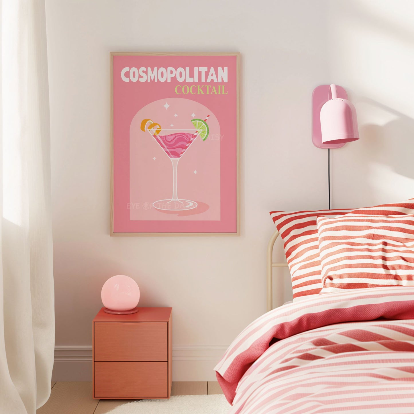 Pink Cosmopolitan cocktail print – retro girly wall art poster, vibrant downloadable decor perfect for a fun, stylish college room