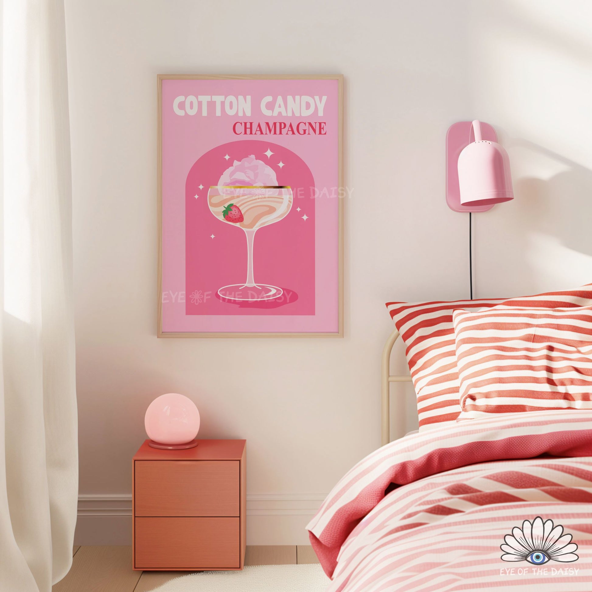 playful Cotton Candy Champagne cocktail wall art girly pink drink printable for college room or home bar