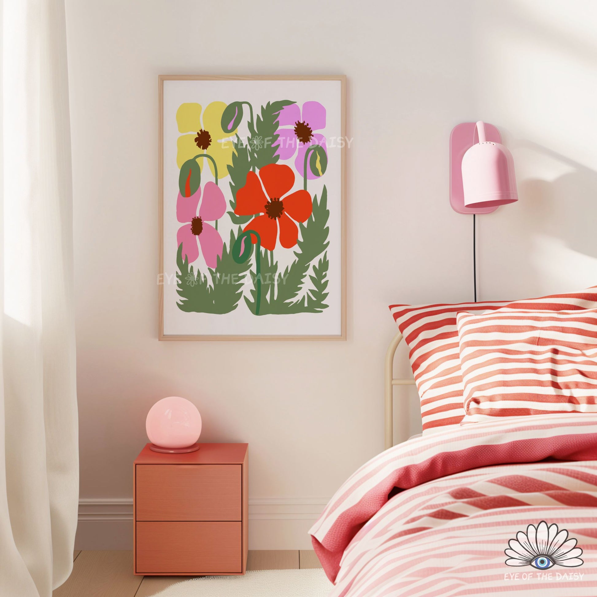 Abstract floral printable wall art, colourful poppies botanical print digital download for trendy bedrooms