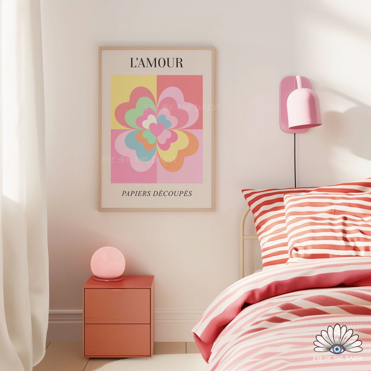 Downloadable romantic L’Amour wall art, abstract geometric flower print for contemporary, colorful interiors