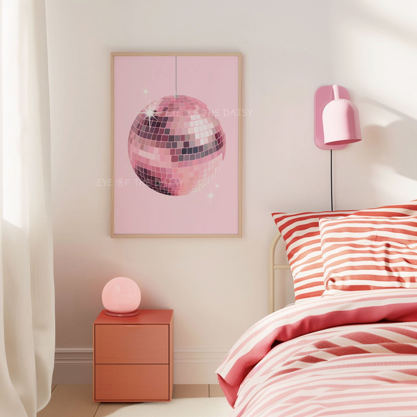 Girly disco ball print – pink mirror art sketch on light pink, perfect printable wall art for dorm room or trendy girl's bedroom