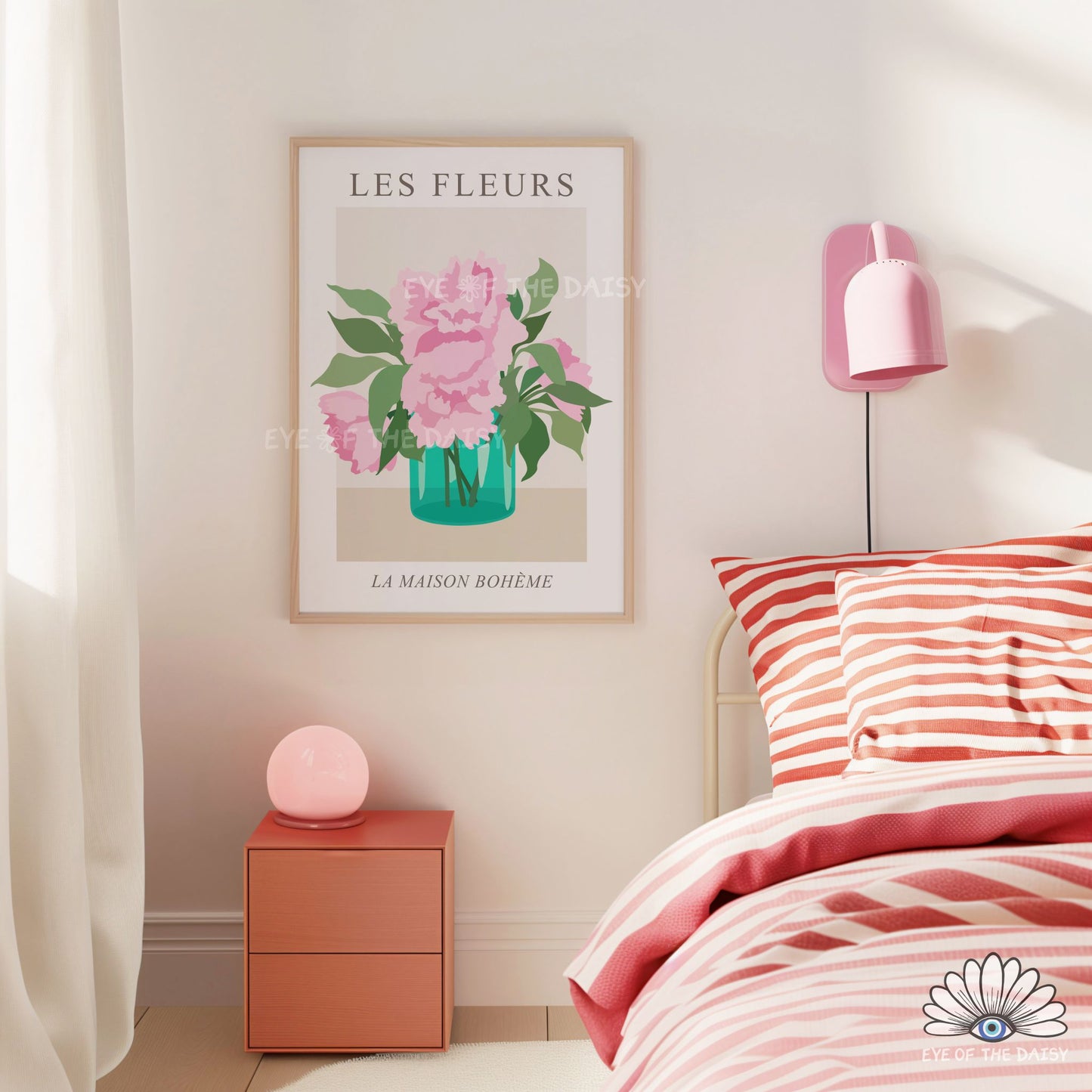 Contemporary floral peony poster, modern minimal pink flowers printable wall art print