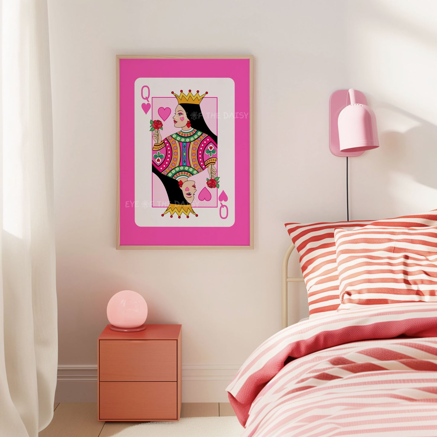 Queen of Hearts girly wall print – bright pink downloadable art, poster printable for trendy dorm room or bedroom styling