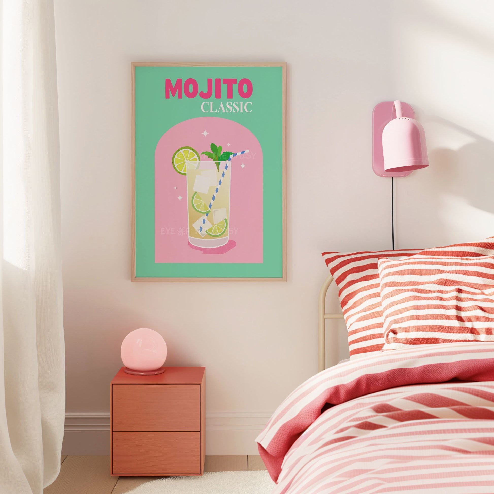 Colorful Mojito cocktail print in turquoise and pink, fun drink wall art digital download for trendy dorm or college room gallery wall