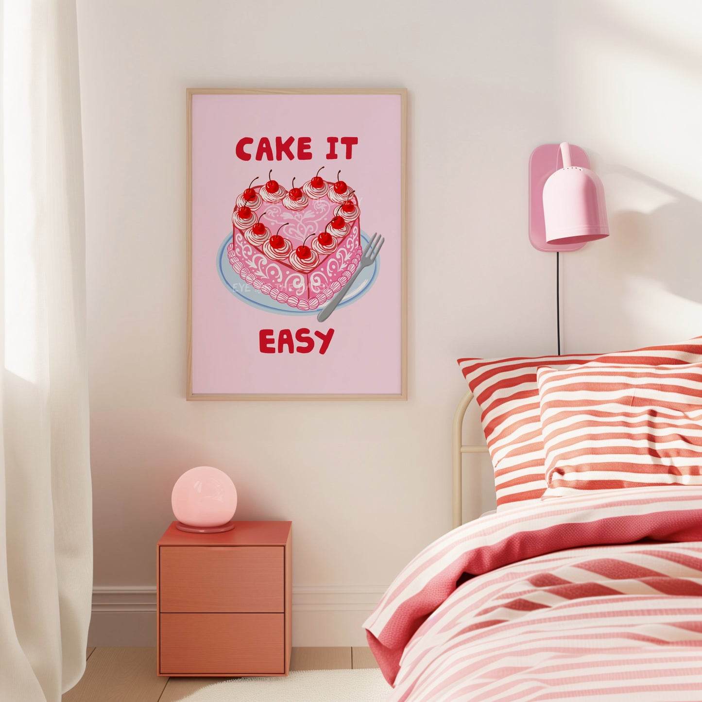 Cute trendy cake digital print, of a hand drawn illustration of a retro cherry heart cake in pink & red, and funny "Cake it Easy" quote