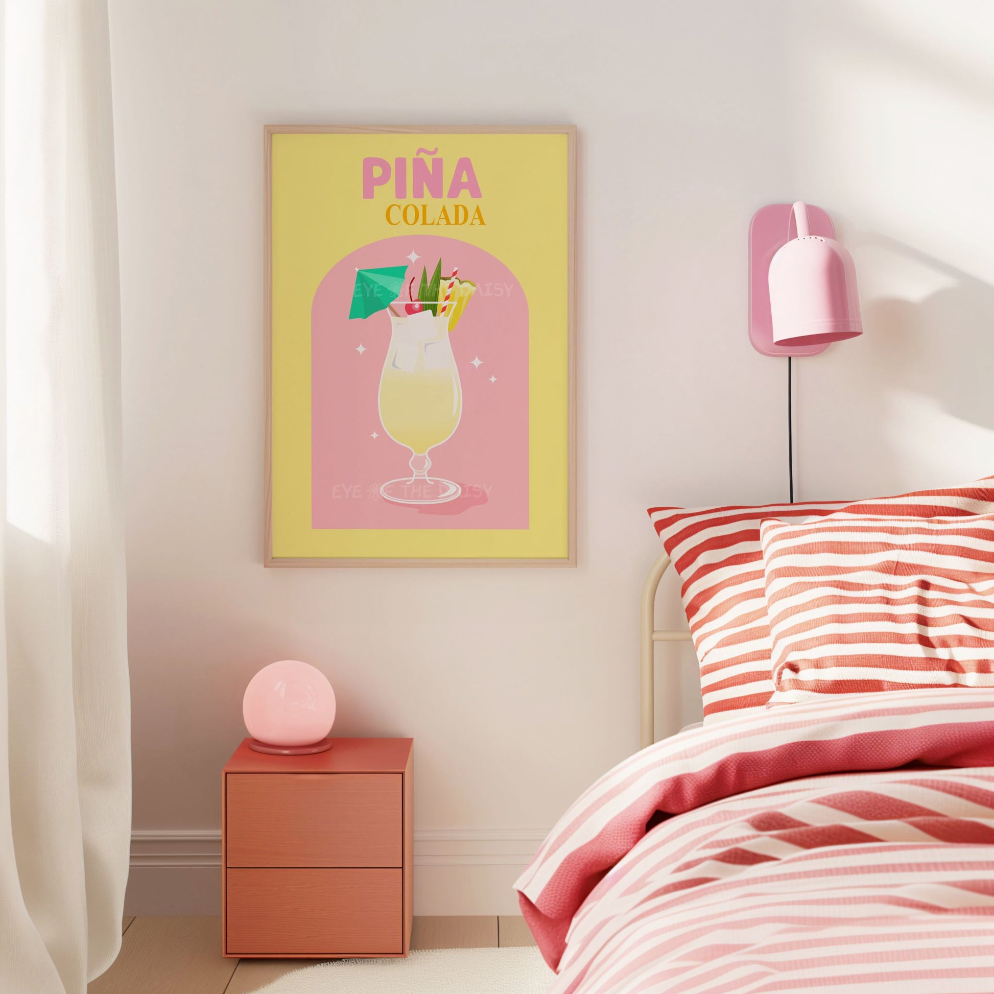 Piña Colada cocktail digital art print – retro tropical printable poster in pink and yellow, ideal for dorm or bedroom wall decor