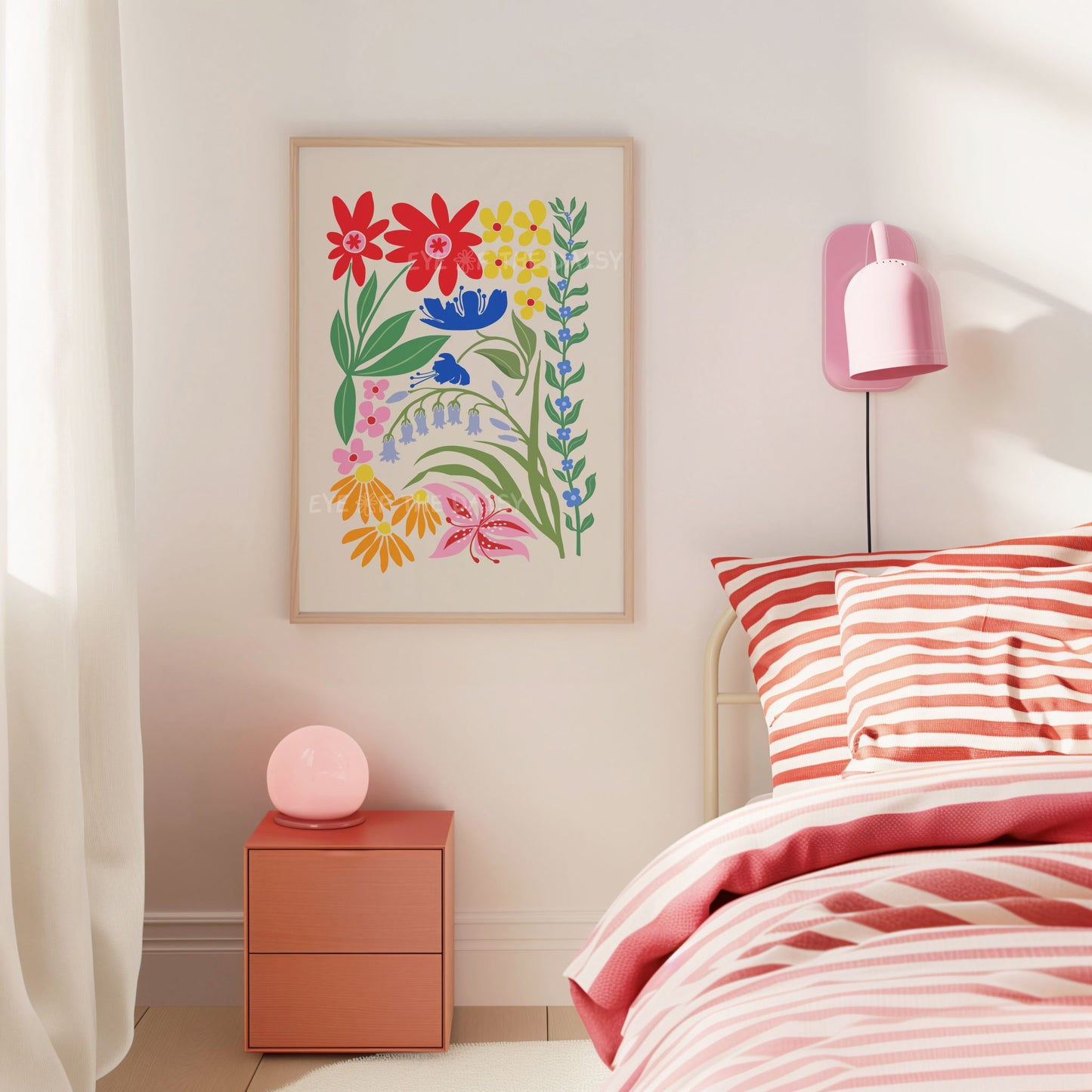 Bedroom with a vibrant modern abstract floral art print of red, blue, yellow, pink and orange flowers and green leaves intertwining