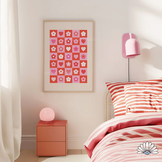 Modern romantic printable wall art, red and pink checkerboard with hearts and flowers, instant download for bedroom or living room