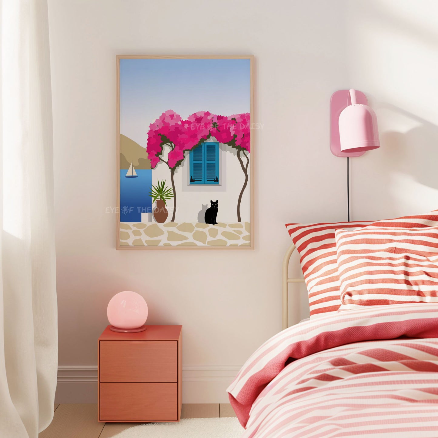 Colourful Paros island art print — vibrant Cycladic house with bougainvillea and cat, printable wall decor for modern trendy bedroom style