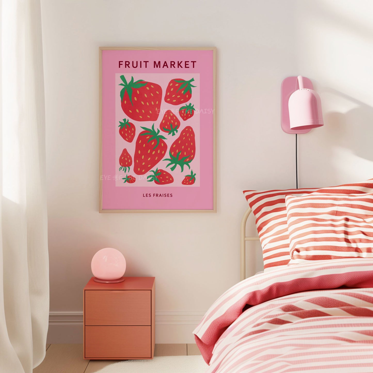 Pink and red 'Fruit Market' strawberry poster in a trendy girl's bedroom or dorm room