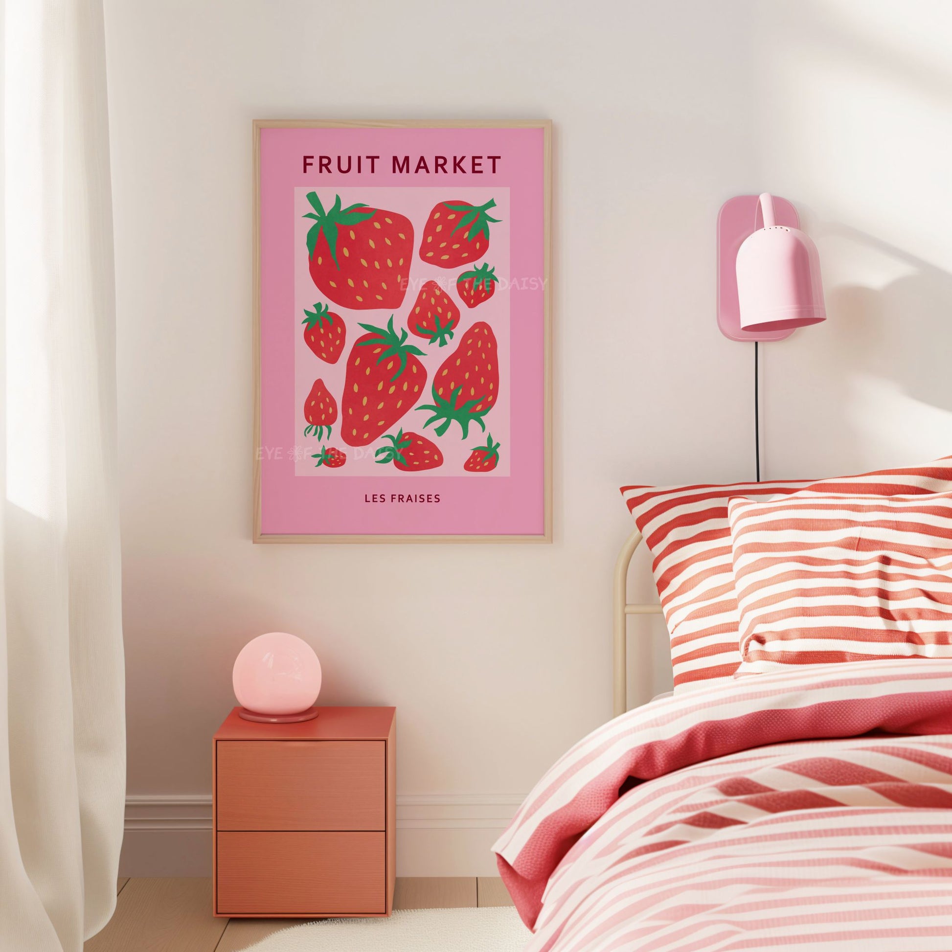 Pink and red 'Fruit Market' strawberry poster in a trendy girl's bedroom or dorm room