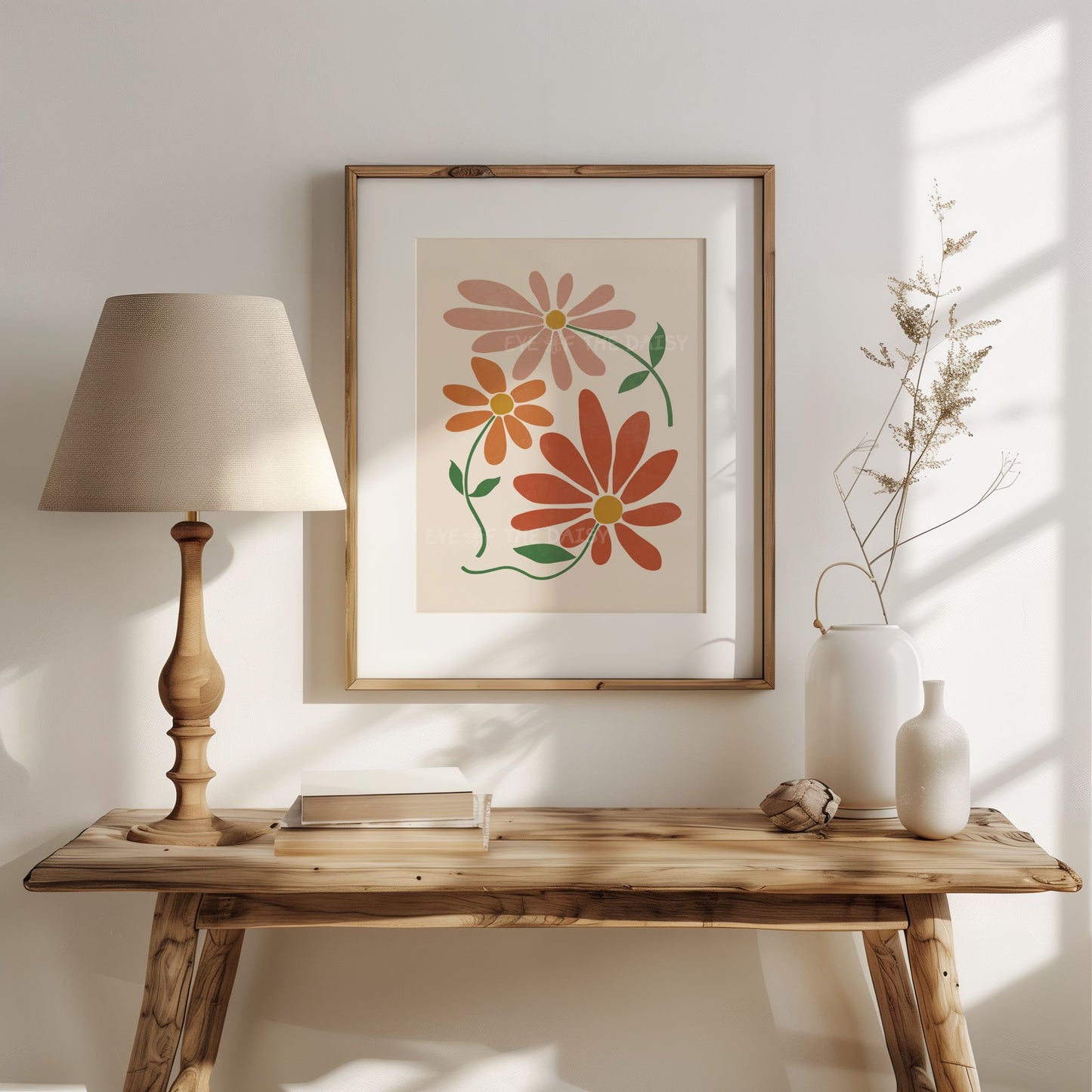 Stylised trendy floral print in rich earthy neutral terracotta tones displayed in a neutral farmhouse living room