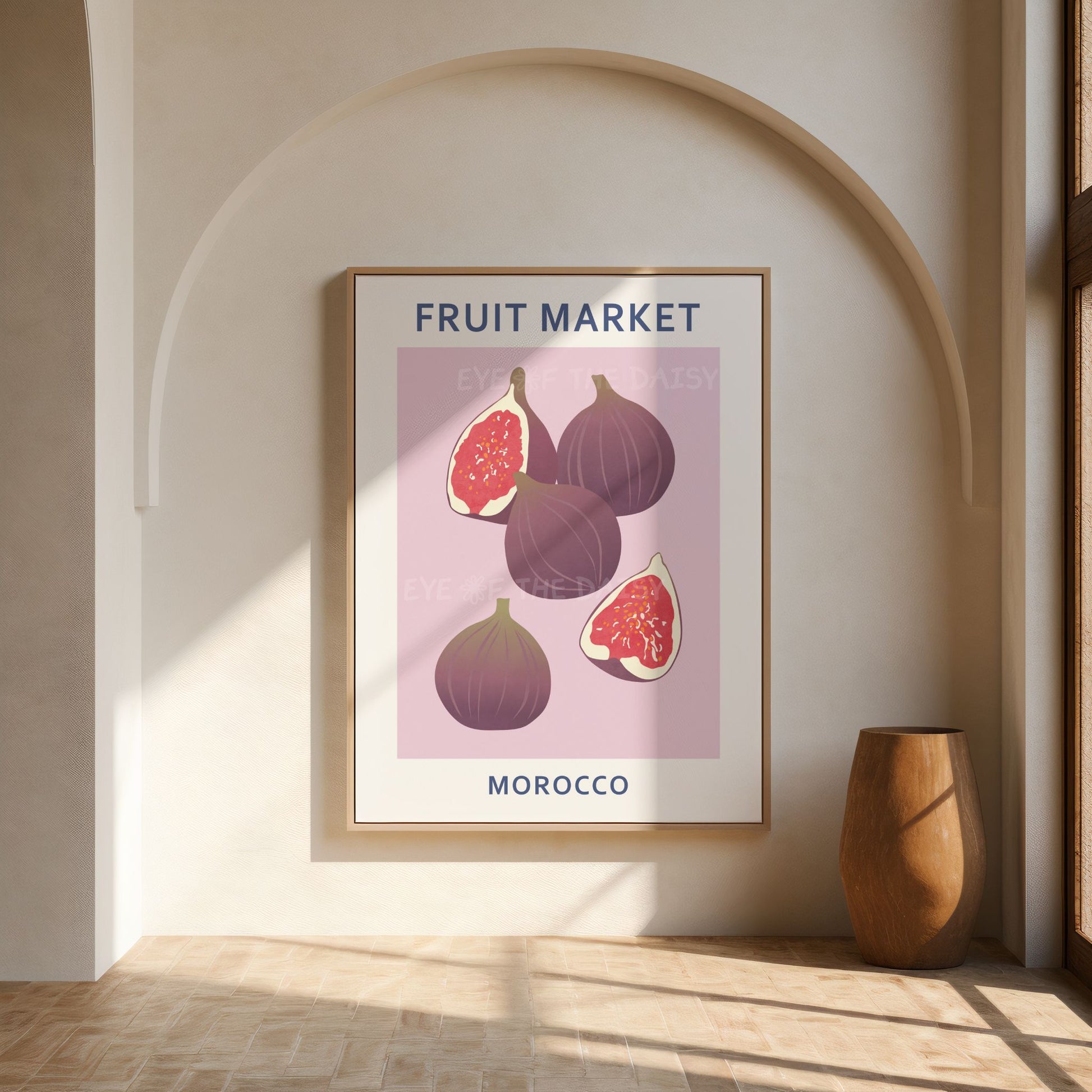 Fruit Market Morocco fig wall art — pastel lilac printable poster with abstract botanical fruit for colourful boho kitchen wall decor