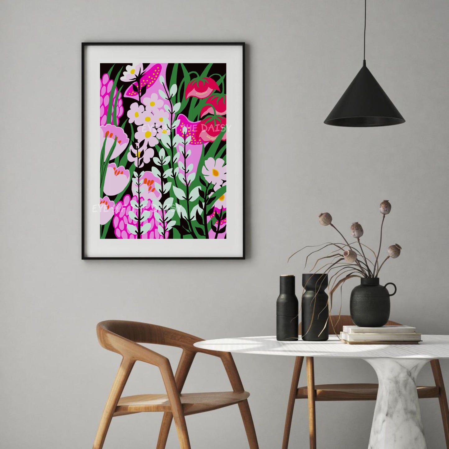 Colourful floral digital download – modern abstract botanical wall art in pink, black and green, printable poster for dining room styling